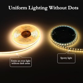 JOYLIT 12V COB LED Strip Lights 6M 3000K IP65 Waterproof CRI 90 Without Dot | Dimmable, 320LEDs/M, Warm White, 2PIN 8MM, 5CM Cuttable, Self-Adhesive T