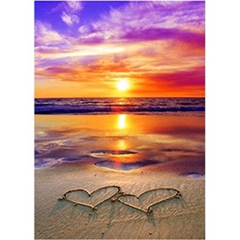 SHEGZHUC Diamond Painting Heart On Beach 15.7x19.7 in Diamond Painting Diamond Art Sea Sunset Sunrise Sunlight Diamond Painting by Number Kits Stickers Embroidery Cross Stitch Kit Wall Art Landscape