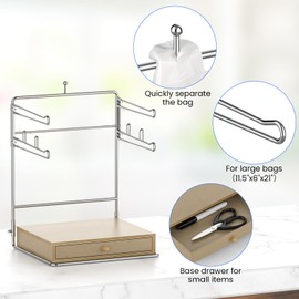 GIGIFTREE Plastic Grocery Bag Holder, Chrome T-Shirt Bag Rack, Plastic Bag Organizer with Wooden Drawers Base for Grocery Store, Supermarket, Restaurant, Business (Brown)