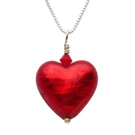 Red Murano Glass Heart (18mm), Sterling Silver Chain and Crystal Necklace. Gift Wrapped Jewellery by Lesley H Phillips