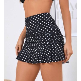 Halcurt Women's High Waisted Ruched Ruffle Swim Skirts with Short Tummy Control Bikini Bottoms Swimsuit Black Polka Dot M