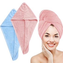 DQST Toalla Microfibra Cabello 2 Pack, Toalla de Microfibra para el Cabello, Secado de Pelo Súper Rápido, Gorro Ultra Absorbente de Agua para Mujeres, Adecuado para Todos los Peinados. (Rosa+Azul)