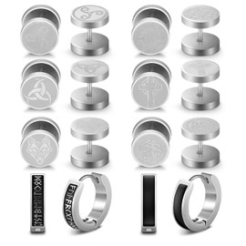 YIUTERA 8 Pares Aretes para Hombre, Pendientes Unisex de Acero Inoxidable, Pendientes con Patrón de Lobo, Aretes Hombre Mujer para Cualquier Peinado y Vestimenta (Plata)