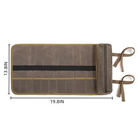 10 Pockets Tool Roll Bag, Robust 16 oz Waxed Cotton Canvas Tool Bag with 2 Wrap Straps, Multi-Purpose Tool Bag for Metric, SAE (Grey)