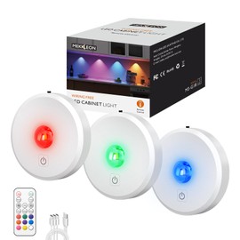 RGB Puck Lights with Remote Control, 2000mAh Battery Operated Tap Lights Rechargeable, 9 Colors & 2 Dynamic Changing Under Cabinet Lighting, Magnetic Stick on Light for Closet(White, 3 Pack)