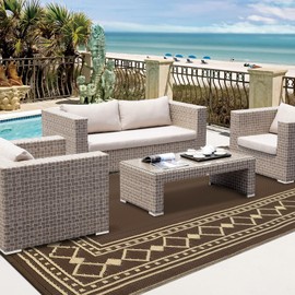 9x12 Outdoor Area Rug, Waterproof Plastic Straw Carpet, Modern Border Reversible Mat and Rug, Indoor Outdoor Washable Throw Carpet, Patio, Backyard, Deck, Picnic, Beach, Brown