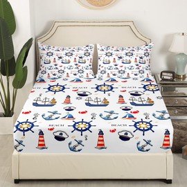 Nautical Ocean Adventure Kids Fitted Sheet Full Size,Sailing Boat Anchor Rudder Bedding Set,Boys Men Room Decor,Seahorse Crab Marine Life Bed Cover,Summer Beach Bed Sheet,2 Pillowcases(No Top Sheet)