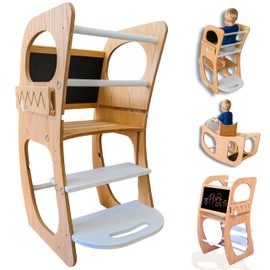 4-in-1 Toddler Tower - Montessori Kids Kitchen Step Stool - Standing Tower - Toddler Kitchen Stool Helper - Adjustable Wooden Step Stool, Chalkboard, High Chair & Rocker, Ages 1-6
