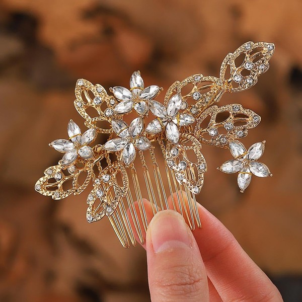 Vakkery Crystal Wedding Hair Comb Gold Rhinestone Flower Bridal Hair Leaf Headpiece Elegant Bridal Hair Accessories for Women and Girls