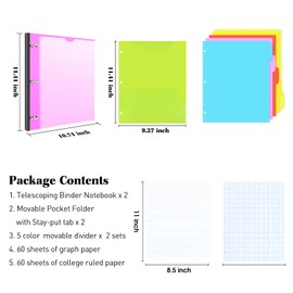 INFUN All-in-one Telescoping Binder Notebook- 2PCS, Refillable 3 Ring Notebook Binder with 1 Plastic Movable Pocket Folder,5 Plastic Subject dividers and Graph Paper and College Ruled Paper- Pink