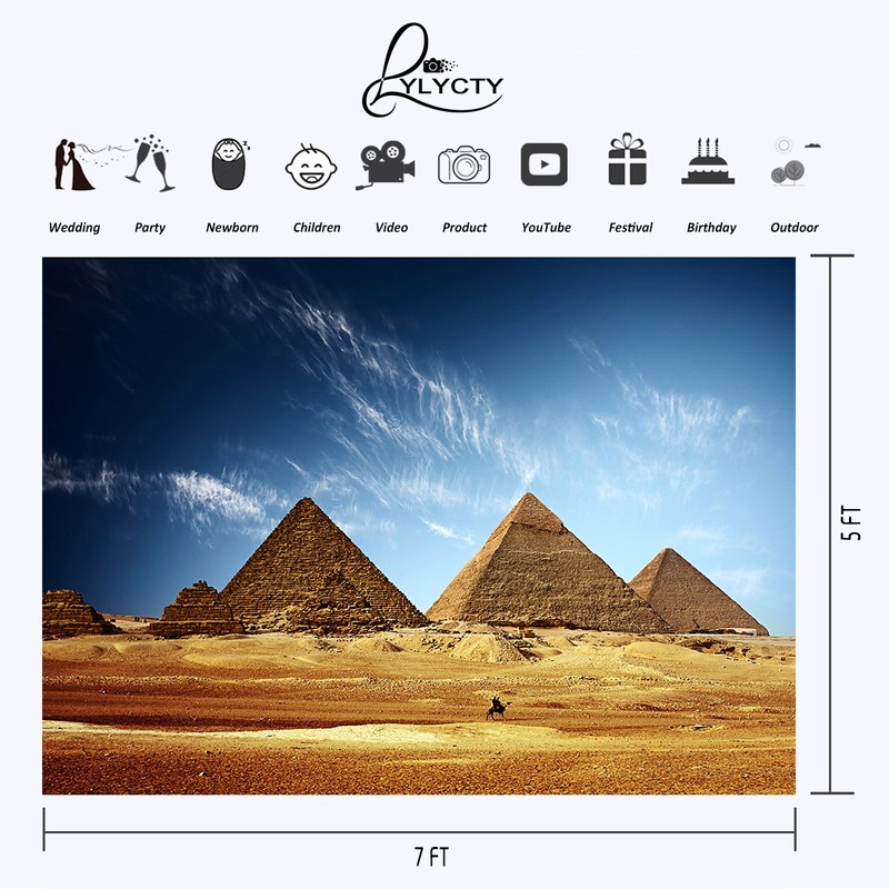 LYLYCTY Egyptian Backdrop 7x5ft Desert Blue Sky Pyramids Photo Background