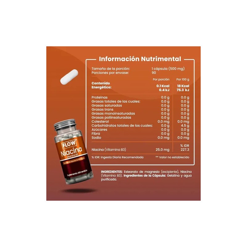 Niacina Vitamina B3 90 Cápsulas De 500 Mg Flow