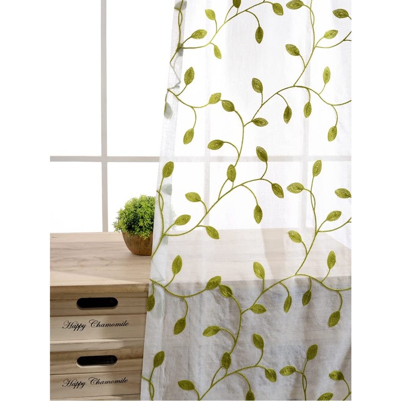 TIYANA Leaf Pattern Lace Curtains, Light Green Ivy Leaves, Set