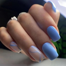 Square Press on Nails Medium Fake Nails with Lines Designs Glue on Nails Blue Full Cover Nails Press ons Acrylic False Nails Glossy Artificial Stick on Nails for Women 24Pcs