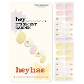 Heyhae Semi Cured Gel Nail Strips No Lamp Needed - It’s Secret Garden | No UV Light Needed | Salon Quality, Easy Apply & Remove | 28 Strips, 1 Prep Pad, Nail File, Wooden Stick | Yellow Floral