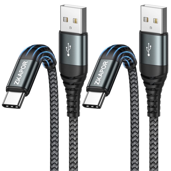 ZKAPOR USB Type C Cable, 2-Piece Set, 2M + 2M, Type C Cable, 3.1A, Rapid Charging, USB-A to USB-C Cable, High Speed Data Transfer, USB C Cable, Nylon Braid, Compatible with Galaxy S22 / S21 / S20 / S10 / S10 / Huawei P40/P30, OnePlus, Google Pixel, Xperi