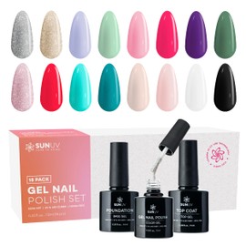 SUNUV Hema-Free 16 Color Gel Nail Polish Kit with 2 Base Gel Top Coat,White Black Pink Nude Silver Glitters Gel Polish Set, UV Gel Nail Art Manicure Gift