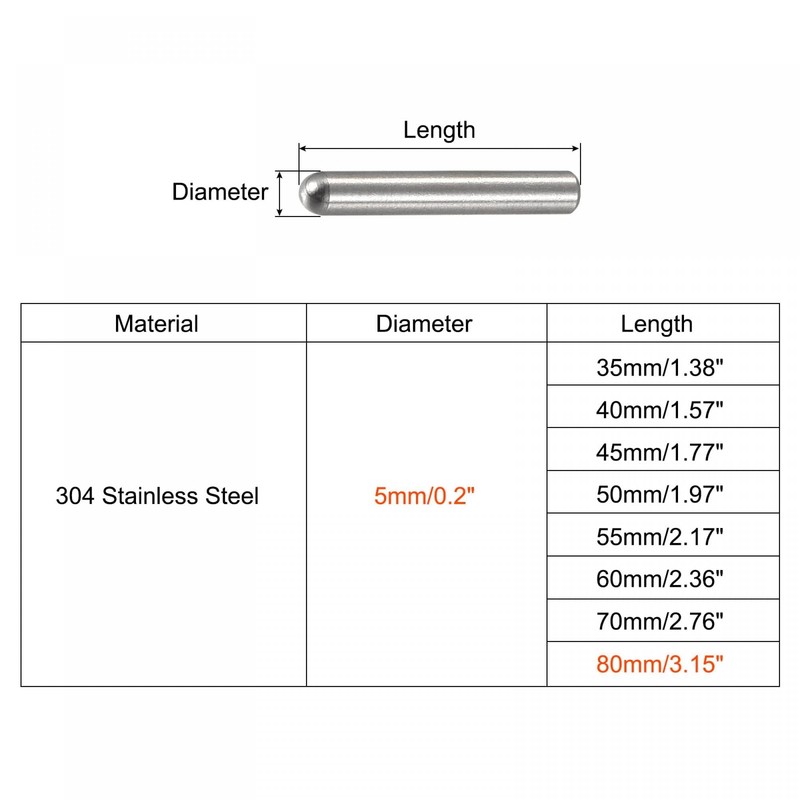 TOP-VIGOR 10Pcs 5mm x 80mm Dowel Pins, 304 Stainless Steel