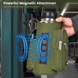 icolor Gym Magnetic Bag Water Bottle Carrier Holder with Strap & Phone Pockets, Diameter 3.9" Magnetic Gym Bag 5 Built-in Magnets Gym Accessories Organizer Pouch Sling Sleeve (Nylon, Army Green)