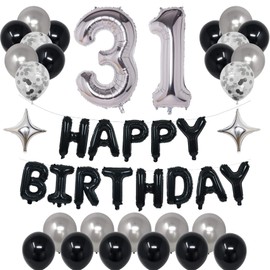 NANINUNENO 31st Black Silver Birthday Party Decorations for Men Women, Happy 31 Birthday Party Supplies with Black Happy Birthday Banner, Silver Foil Stars, Happy Birthday Balloons for 31st Birthday