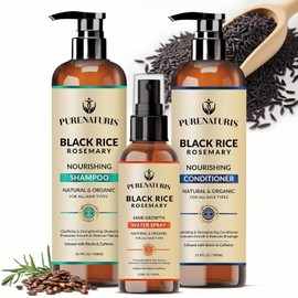 Champú orgánico de agua de arroz negro con romero para el crecimiento del cabello, spray de agua de arroz, con agua de romero, biotina, cafeína, champú de rutina para mujeres y hombres, pérdida de
