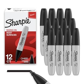 Sharpie Marcadores permanentes con punta de cincel, juego de marcadores de póster para madera, plástico y más, color negro, 12 unidades