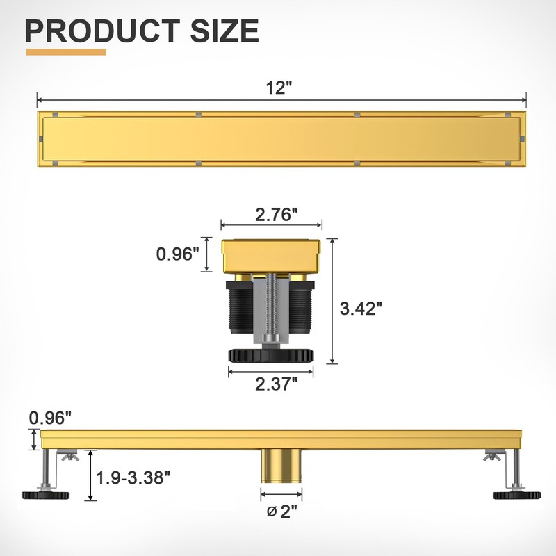 EBYTE Linear Shower Drain, 12 Inch Brushed Gold 304 Stainless