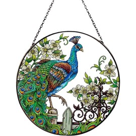 Flower Peacock Stained Windows Hanging Suncatcher,Christmas Flower Leaf Suncatchers Window Ornament Glass Panel Sun Catcher Wall Hanging Decor Birthday Gift