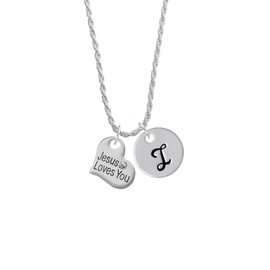 Delight Jewelry Silvertone Large Jesus Loves You Heart - Silvertone Script Initial Disc - I - Charm Necklace, 20"+3"