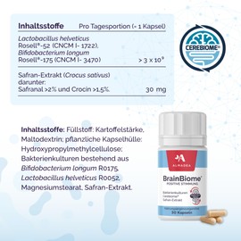 Probiotic Against Stress, Inner Agitation & Anxiety - For Better Mood & Sleep - With Saffron & Gut Brain Axis (Cerebiome) - 30 Capsules - BrainBiome