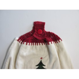 Season's Greeting Christmas Tree Kitchen Towel - Double Thickness Best Quality Hanging Towel with Dark Red Crochet Top