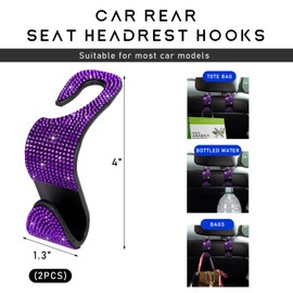Gasedin 2PCS Bling Car Seat Headrest Hooks, Auto Back Seat Hanging Storage Organizer for Purse Handbag Coat, Rhinestone Vehicle Seat Hanger Holder for Women Girls, Car Accessories (Purple)