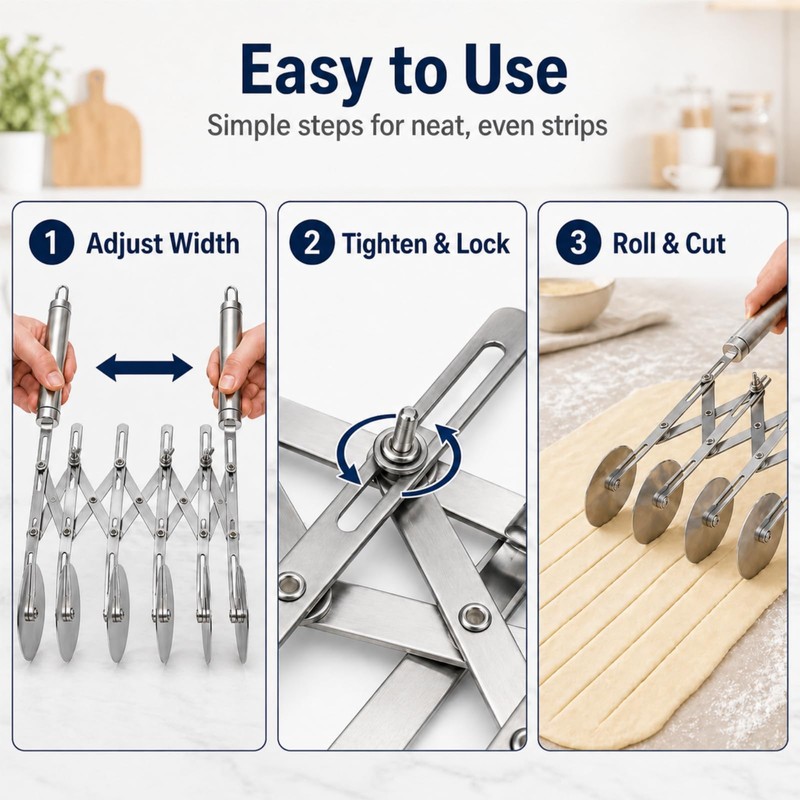 Wheel Adjustable Pasta Cutter with Handle - Stainless Steel Multi-Tool