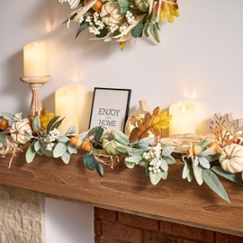 Valery Madelyn 5Feet Autumn Garland with Pumpkins, Artificial Garland Decoration with White Green Pumpkin, Berry Clusters, Pine Cone and Leaves for Thanksgiving Stairs Mantle Home Halloween Decor