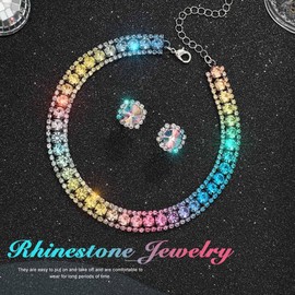 JEAIRTS Colorful Rhinestone Jewelry Set Silver Crystal Choker Necklace Earring Sets Sparkly Rave Prom Jewelry for Women