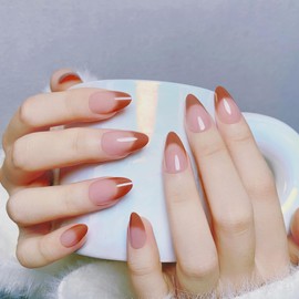 CUZIAM Orange Brown Nude Ombre Press on Nails for Women, Short Almond Carmine Brown Spring Summer Gel French Tip Full Cover Stick on Nail, 24Pcs Glossy Reusable Perfectly Fit False Fake Nail with Glue