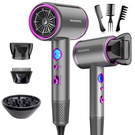 Secadora de Cabello Profesional BURUNA 2000W Iónica de Secado Rápido, Secadora de Pelo con Difusor Grande, 2 Boquillas y 3 Peines de Estilizado, 3 Temperaturas, 2 Velocidades, Gris Oscuro