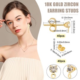 Beebeecraft 1 Box 40 Pieces 18K Real Gold Plated Stud Earrings Round Cubic Zirconia Stud Earrings with Bow for Women Girls Jewellery Making DIY Crafts