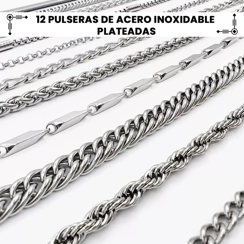 Pulseras Hombre Acero Inoxidable 12 Piezas Plata Joyería