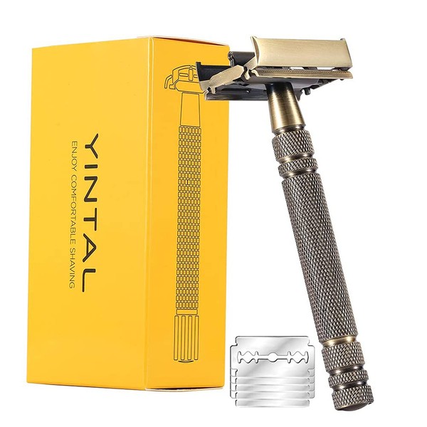 Yintal Double Edge Safety Razors,Classic Men Shaving Butterfly Open Razor - Bronze Long Handle Women Razors With 5 Blades,Reusable Metal Brass Manual Shaver Close Comb