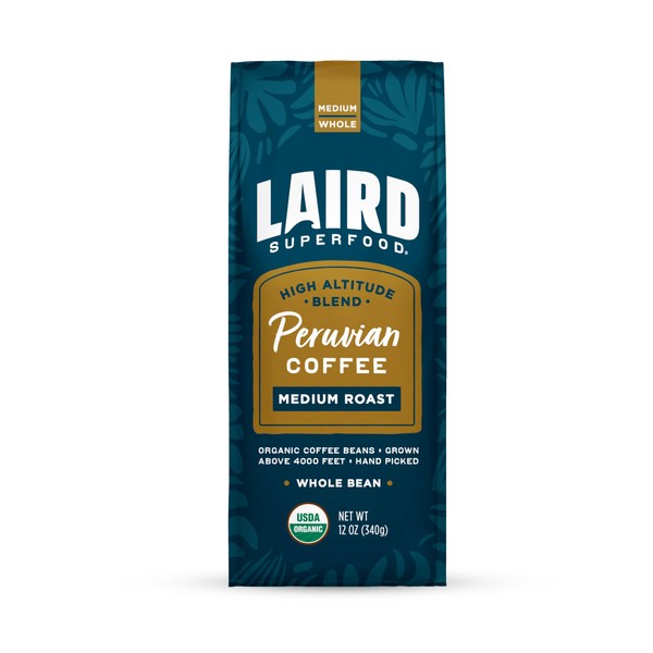 Laird Superfood Peruvian Medium Roast Caffeinated Whole Bean Coffee, Ethically Sourced Premium Whole Bean Coffee, Gluten-Free, Dairy-Free, Non-GMO, Paleo, Keto Friendly, 12 oz. Bag