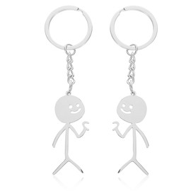OQKAHIV 2 x Funny Smiley Little Man Sign Language Keyrings, Funny Finger Stickman Designs, Couple Key Chain, Gift Idea for Couples, Cute Pendant for Bags and Car Keys, silver