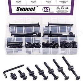 Swpeet - Juego de 84 tornillos de tornillería para cuna, color negro, M6 × 20/30/40/50/60/70/80 mm, cabeza hexagonal para cunas, tornillo de cama de bebé y tuercas de barril con 1 llave Allen perfecta