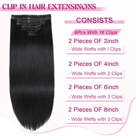 POGINJA Clip in Hair Extensions Real Human Hair, Remy Human Hair Extensions Clip ins for Women, 100% Natural Human Hair, Double Weftm, 14inch 80g 8Pcs, #1 Jet Black