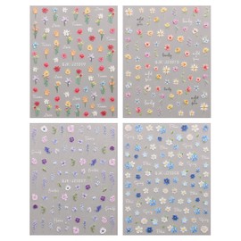 JMEOWIO 3D Embossed Flower Nail Art Stickers Decals Self-Adhesive 5D Spring Summer Floral Nail Supplies Nail Art Design Decoration Accessories 4 Sheets