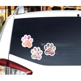 3-Pack Floral Paw Print Cute Vinyl Sticker - 3 Inches Dog House Decor, Dog paw Stickers for Cars Bumper Trucks Window Boat Cups Waterbottle Vehicles