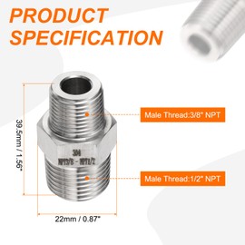 sourcing map 2pcs 304 Stainless Steel Hex Nipple 3/8" NPT Male x 1/2" NPT Male Straight Thread Pipe Fitting Extension Pipe Fittings Connector Adapter for Water Oil Gas Tub