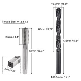sourcing map Metric Tap and Drill Bit Set, M12 x 1.5 Thread Tap & 10.5mm Black Oxide Twist Drill Bit, Straight Flute Tap Tapping Threading Repair Tool Kit