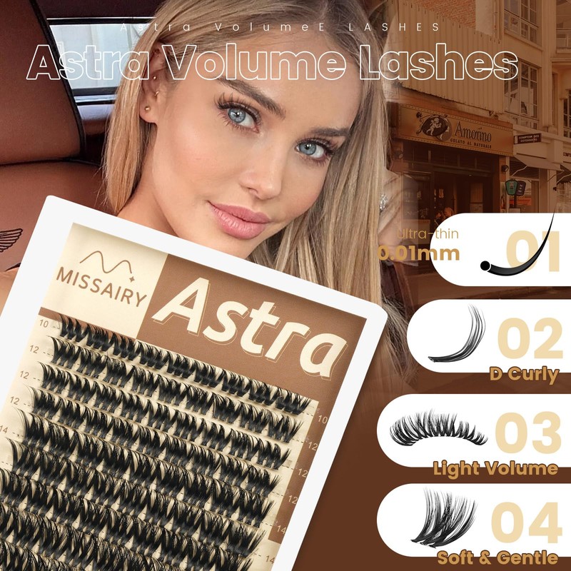 Astra Lash Clusters Kit, D Curly 10-18mm Wispy Individual Lashes