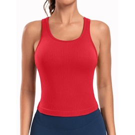 ATTRACO Padded Tank Tops for Women Built in Bra Tank Seamless Workout Top Longline Sports Bra Red XL